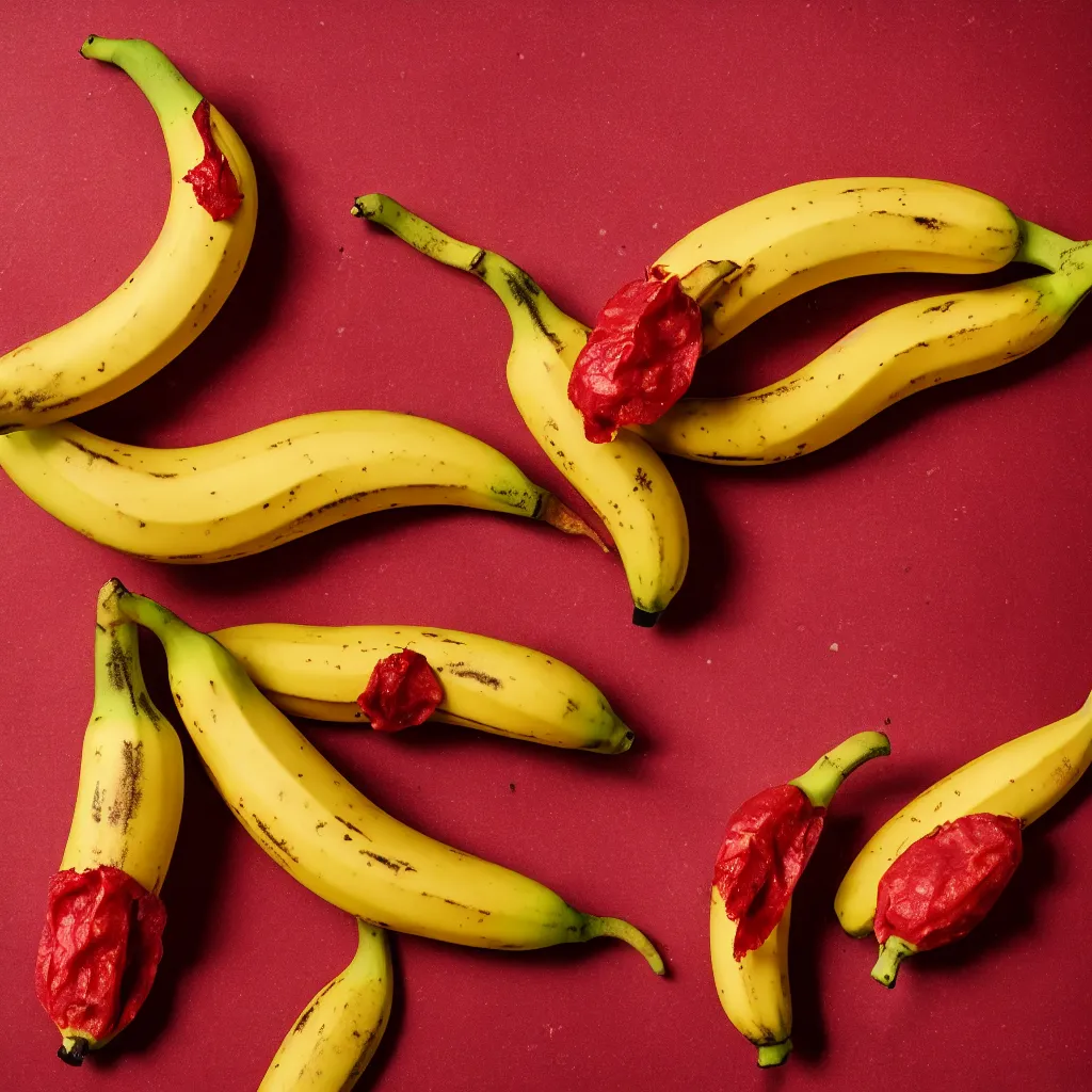 Image similar to fat banana in the shape of red cracked pepper, closeup, hyper real, food photography, high quality