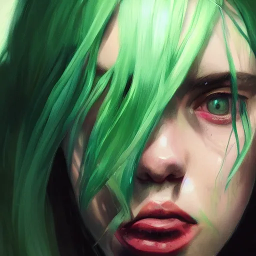 Prompt: portrait of billie eilish, green hair, future, by greg rutkowski, colorful, trending on artstation,