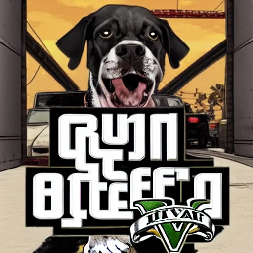 Image similar to a dog as a street thug, gta 5 cover