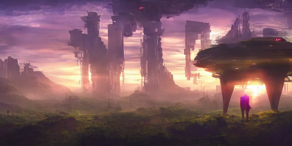 Prompt: a cinematic composition depicting : a translucid crystal - being viewing how a lush solarpunk civilization with their technology is encroaching on a distant cyberpunk world at sunrise