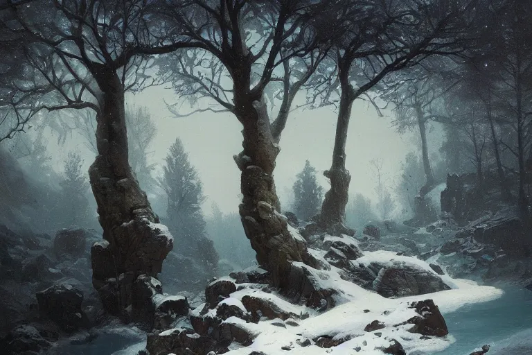 Image similar to a beautiful oil painting of a rocky valley covered in snow, trees with blue leaves, thunderstorm in the sky, blue lighting, gloomy, atmospheric lighting, detailed, beautiful!! by greg rutkowski, trending on artstation