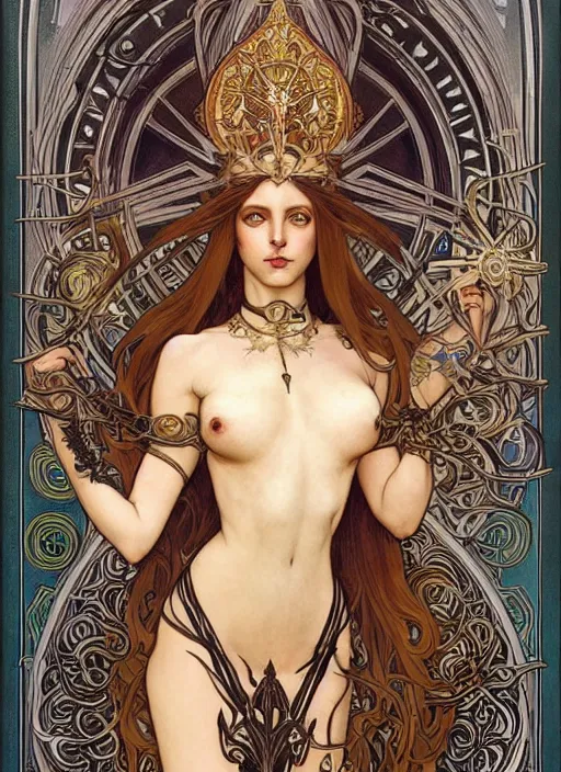 Image similar to a highly detailed symmetrical painting of a sorceress with piercing beautiful eyes, dark tomb setting, dynamic lighting, ambient lighting, deviantart, art by alphonse mucha and artgerm and karol bak and mark brooks
