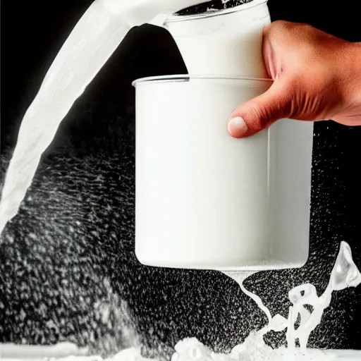 Image similar to an aluminum can being poured out out, pouring white liquid, pouring milk. advertisement, canned milk