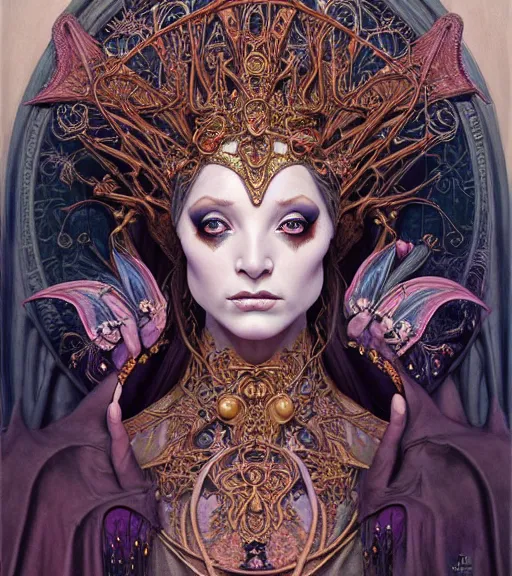 Image similar to symmetrical painting, a beautiful female witch queen in dress, pretty, detailed and intricate, perfect face, elegant, ornate, luxury, elite, matte painting, by artgrem, by james jean, by brian froud, by wayne barlowe