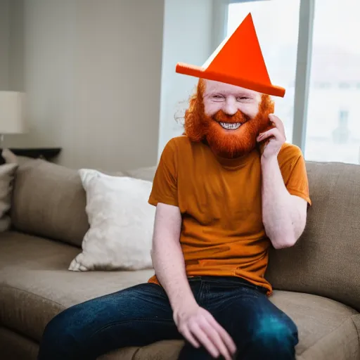 Prompt: professional photography of a drunk ginger haired man slouched on the couch smiling wearing a cone on his head