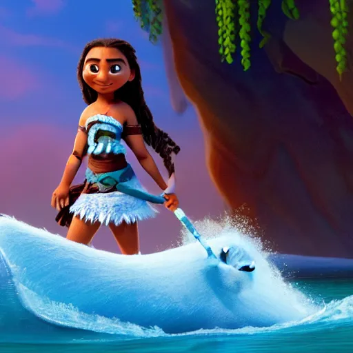 Image similar to A Still of Katara the waterbender girl as a cute Pixar character in the film Moana (2016), hyperdetailed, 8k, trending on Artstation