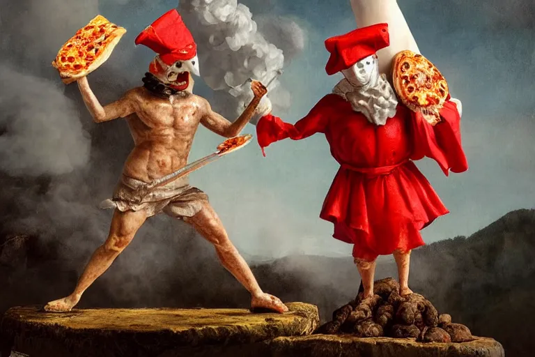 Image similar to a highly detailed pulcinella! holding a pizza! margherita, full body, volcano in background, lava and smoke, ominous, detailed painting by arturo faldi, trending on deviantart, octane, masterpiece