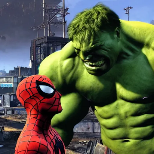 Prompt: hulk and spiderman in fallout 4