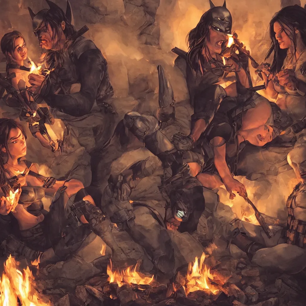 Prompt: lara croft eating marshmallows with batman over a fire at night
