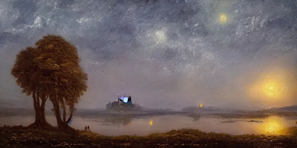 Image similar to masterpiece oil painting portraying mont saint michel in the style of romanticism landscape painters with a tree on the foreground,beautiful,misty,night sky,evocative,reflection in the water