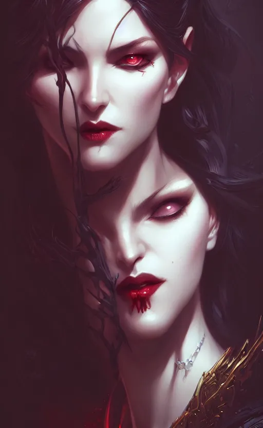 Image similar to desirable Vampire woman, fantasy, intricate, elegant, highly detailed, digital painting, artstation, concept art, matte, sharp focus, illustration, art by artgerm and Greg Rutkowski, dreadjim, zeen chin