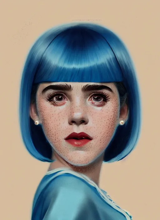 Image similar to portrait of kiernan shipka with freckles, white hair, big 1 9 6 0 s bob hairstyle with bangs and hairband, blue 1 9 6 0 s dress, intricate, elegant, glowing lights, highly detailed, digital painting, artstation, concept art, smooth, sharp focus, illustration, art by wlop, mars ravelo and greg rutkowski