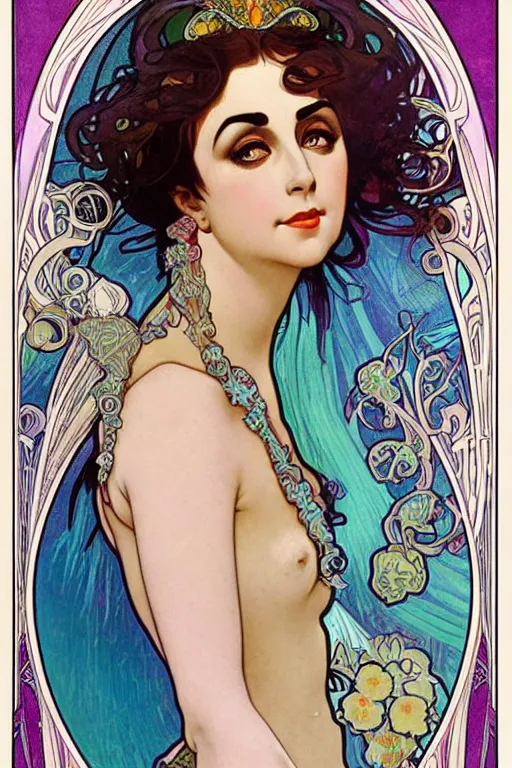 Prompt: realistic detailed face portrait of Mermaid Elizabeth Taylor, by Alphonse Mucha, and Lisa Frank, Art Nouveau, Neo-Gothic, gothic, rich deep colors