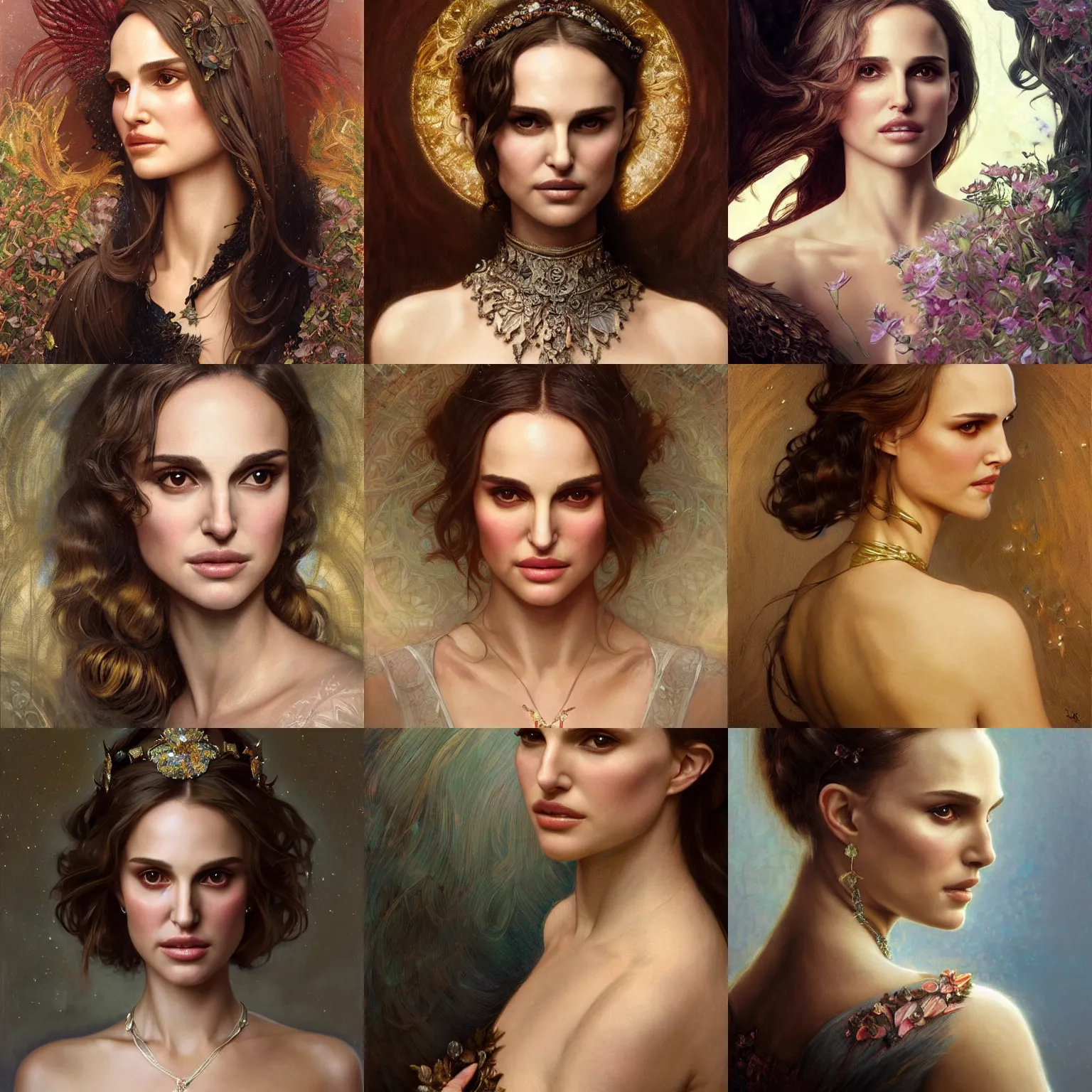 Prompt: Portrait of the Natalie Portman, unreal, fantasy, intricate, elegant, dramatic, highly detailed, photorealistic, digital painting, painterly, artstation, concept art, smooth, sharp focus, art by John Collier and Krenz Cushart and Artem Demura and Alphonse Mucha and Albert Aublet