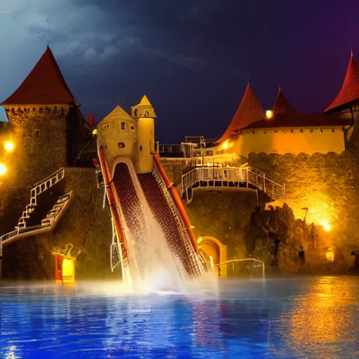 Image similar to dracula castle transylvania waterpark, night, lightning