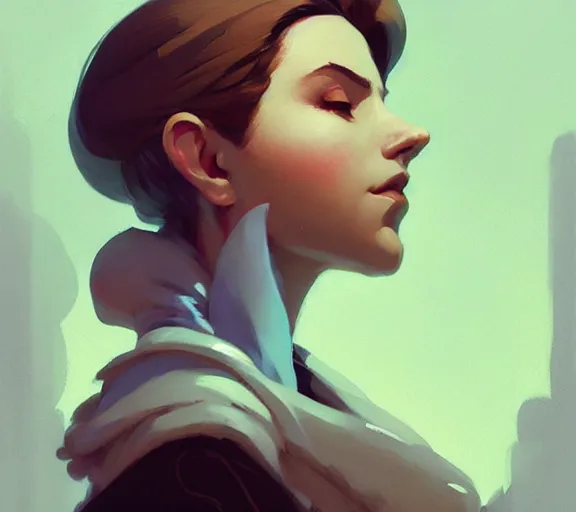 Image similar to side - profile painted portrait, queen, fantasy, by atey ghailan, by greg rutkowski, by greg tocchini, by james gilleard, by joe fenton, by kaethe butcher, hearthstone, art by artgerm dynamic lighting, gradient light blue, brown, blonde cream and white color scheme, grunge aesthetic