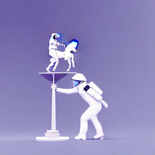 Prompt: an astronaut standing on the ground and a small trippy aggressive centaur standing on that poor standing on all - fours astronaut, trying to ride it the horse is on his shoulders minimalist style, 3 d render, isometry