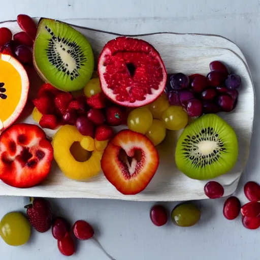 Image similar to beautiful photo of fruit pieces arranged to shape a rowing boat on a white plate, dslr