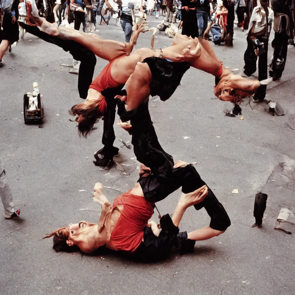 Prompt: 1 9 8 2 photo contortionist street performer candid kodachrome photo