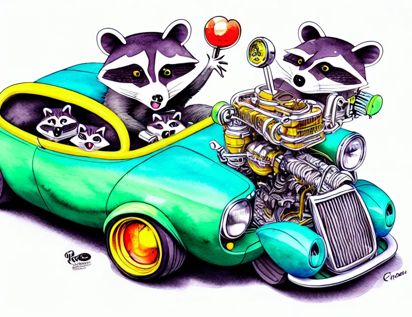 Image similar to cute and funny, racoon riding in a tiny hot rod coupe with oversized engine, ratfink style by ed roth, centered award winning watercolor pen illustration, isometric illustration by chihiro iwasaki, edited by range murata