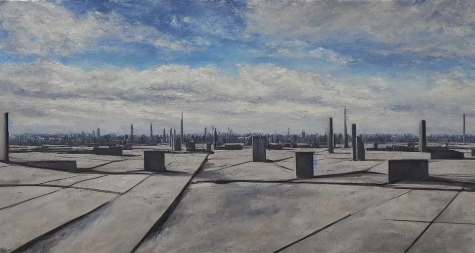 Image similar to world of only concrete, a flat endless plane of concrete covered in thin, very tall concrete pillars that go on to the horizon, open sky, blue sky with clouds, god rays, beautiful painting, oil on canvas, by Ewa Czarniecka, award winning masterpiece,