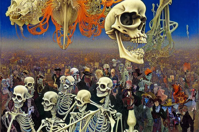 Image similar to realistic detailed portrait painting of a skeleton in a crowded futuristic street by Jean Delville, Amano, Yves Tanguy, Alphonse Mucha, Ernst Haeckel, Edward Robert Hughes, Roger Dean, rich moody colours, blue eyes