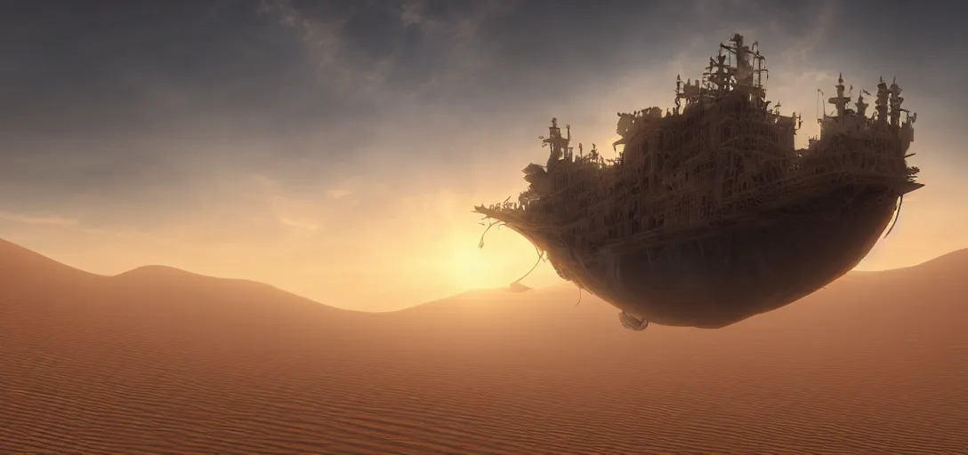 Prompt: an amazingly stunning picture of a transparent refractive ghost ship floating high up in the sky over a desert, intricate detail, sunset, serene, volumetric lighting, volumetric clouds, 8 k, photorealistic, digital art trending on artstation