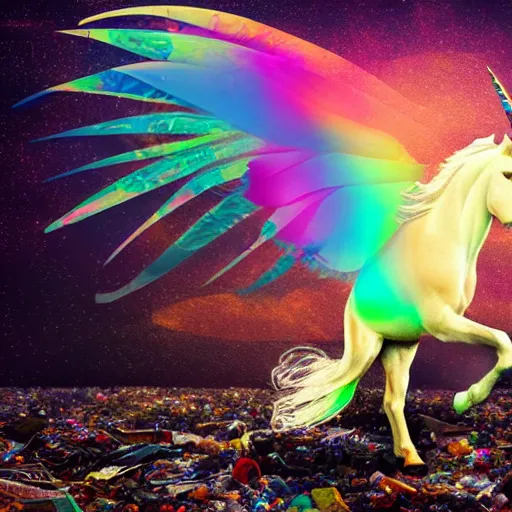 Prompt: 8 k capture scan of a iridescent unicorn with wings dancing in a garbage dump, the sky has the milky way, high textured, conceptual, photorealistic, illustration sharp