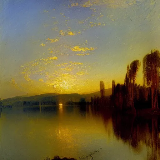 Prompt: a landscape of a lake and trees, by Isaac Levitan, J.M.W Turner, scenic, dusk, high textures, reflections, atmospheric, blue water, dramatic