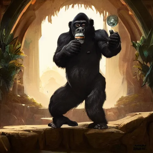 Prompt: painting of abe bigoda dressed as a gorilla, d & d, fantasy, intricate, elegant, highly detailed, digital painting, artstation, concept art, matte, sharp focus, illustration, hearthstone, art by artgerm and greg rutkowski and alphonse mucha