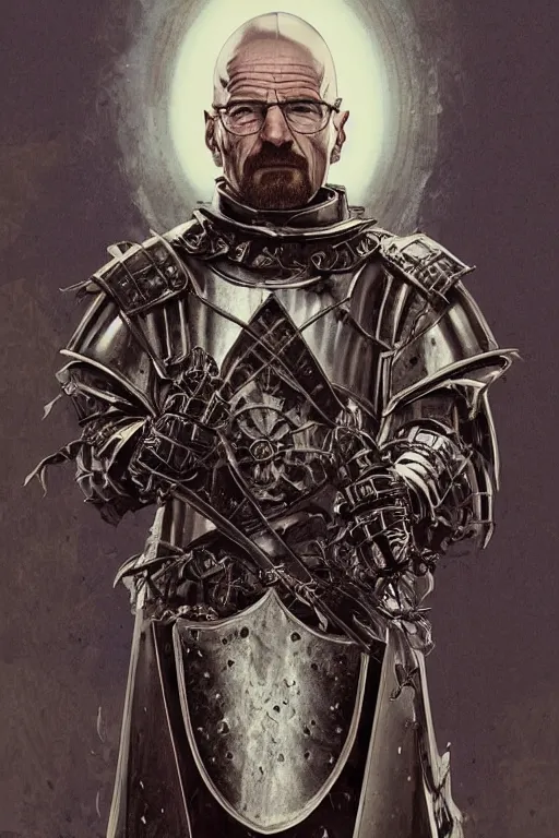 Image similar to Walter white, European beautiful luxury and evil and victorian and gothic medieval white armor knight portrait, front face, ultradetail face, ruined gothic cathedral, dynamic lighting, neon light, art and illustration by tian zi and craig mullins and WLOP and alphonse mucha, ssci-fi, fantasy, intricate complexity, human structure, hypermaximalist, fantasy character concept, dynamic lighting, shafts of golden light, f/1.2, hyperrealism 8k