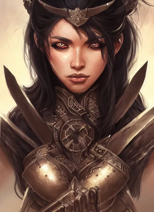 Image similar to beautiful warrior lady, black long hair, practical armor, brown skin, demonic eyes, low fantasy, extremely detailed, sharp focus, smooth, digital illustration, by rossdraws, frank franzzeta, sakimichan