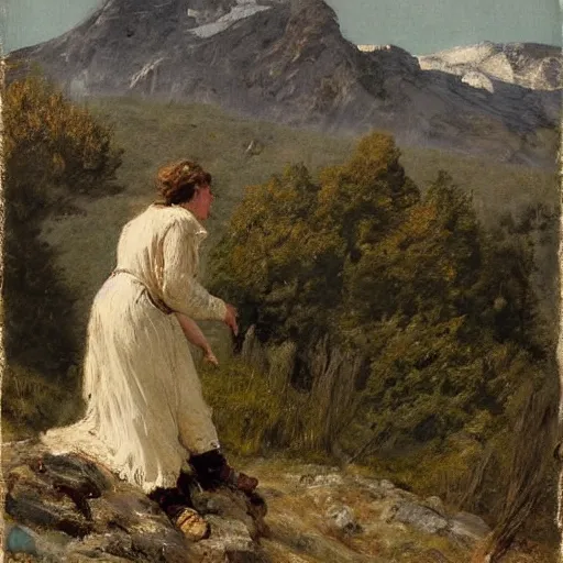 Prompt: woman in torn clothes climbing a mountain by alfred stevens