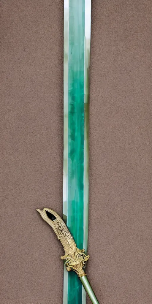 Image similar to photograph of a wide green and teal crystal sword blade attached to a big gold sword hilt