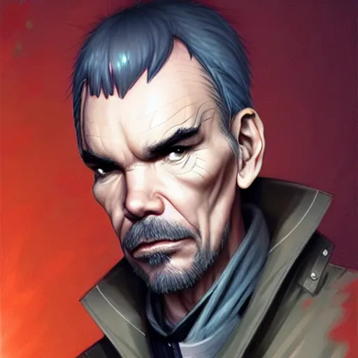 Prompt: billy bob thornton is lorne malvo is a cyborg, he has an eye implant and a metal jaw, drawn by krenz cushart