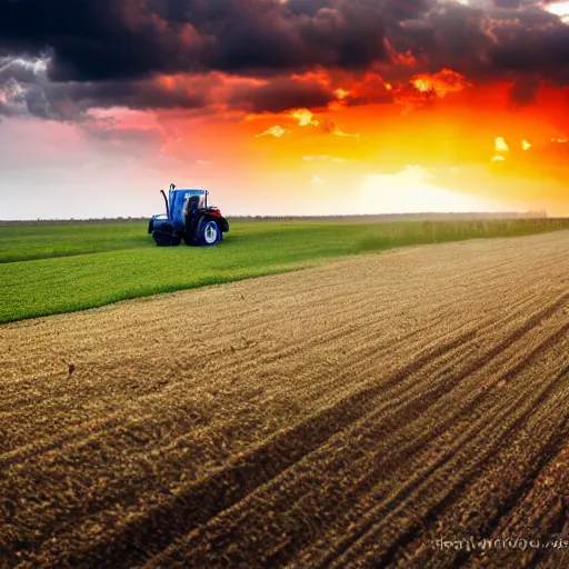 Image similar to tractor driving through field, sunset, ominous sky, beautiful photo, dslr photo, high detail, realism