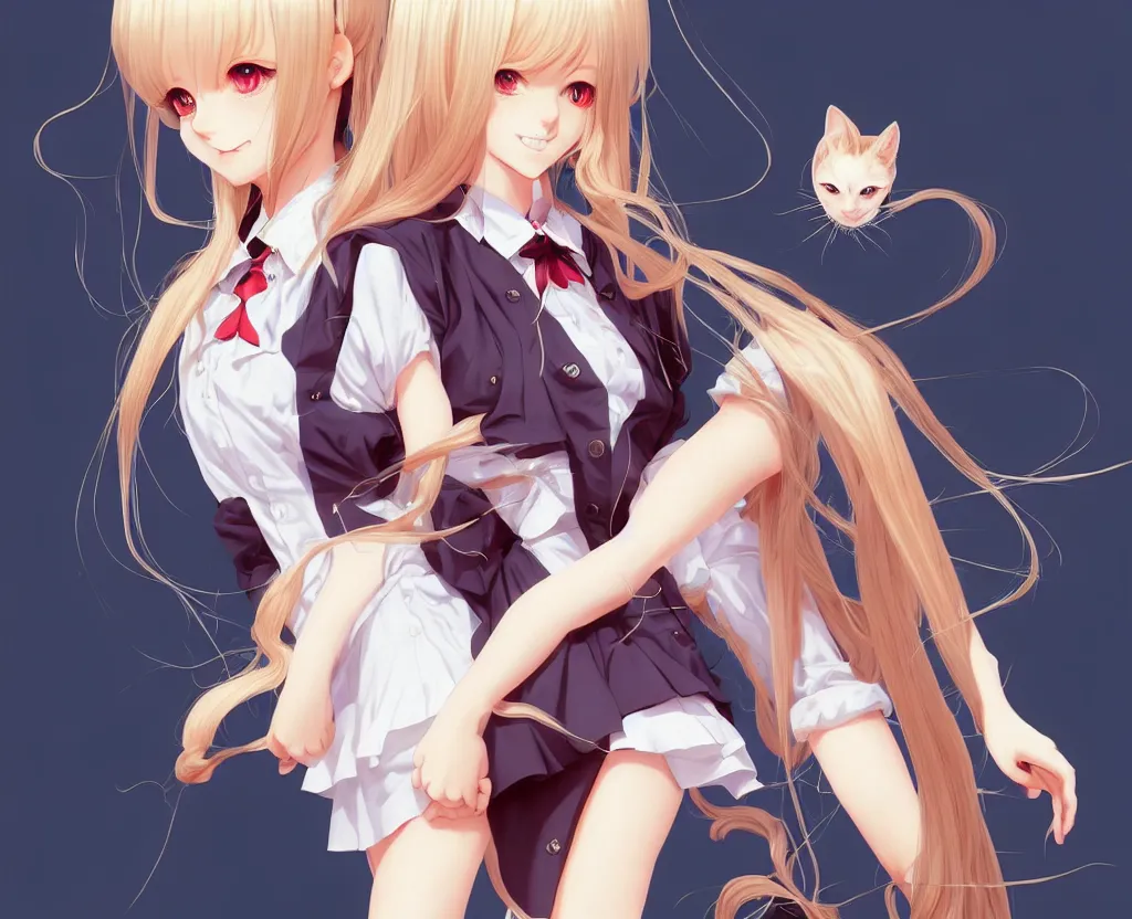 Prompt: cute rich demented prep school girl with long blonde hair happily sets cat aflame short silky hair velvet film occlusion shadow specular reflection rim light unreal engine artstation pinterest art by range murata and ilya kuvshinov intricate highly detailed 8 k illustration surreal