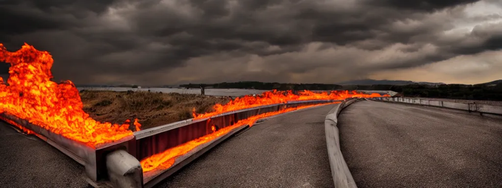 Image similar to Long bridge to hell, dslr, hyper realistic, photojournalism, scary, firey, disturbing