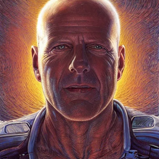 Image similar to bruce willis as a sci - fi alien hunter, hyperdetailed, golden and blue hour, art by peter gric