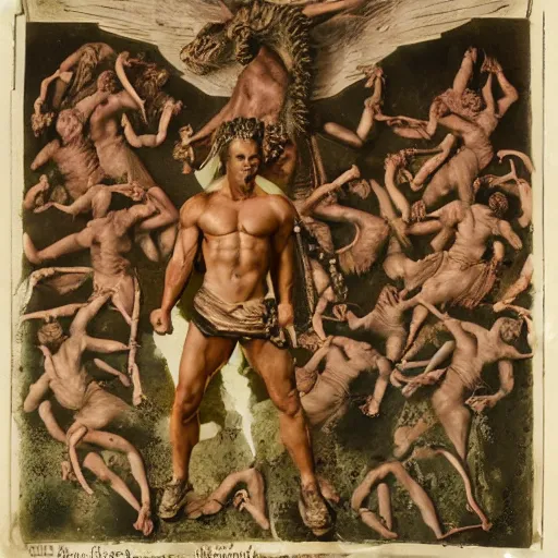 Image similar to The collage depicts the mythical hero Hercules in the moments after he has completed one of his twelve labors, the killing of the Hydra. Hercules is shown standing over the dead Hydra, his body covered in blood and his right hand still clutching the sword that slew the beast. His face is expressionless, betraying neither the exhaustion nor the triumph that must surely accompany such a feat. by Rob Gonsalves harrowing, harrowing