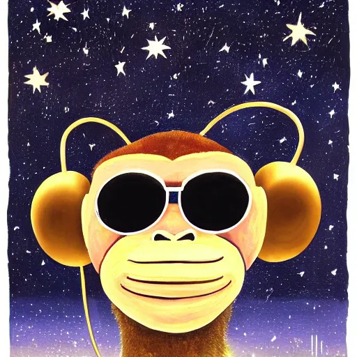 Image similar to a very detailed, 4 k painting of a monkey wearing golden headphones with shades looking up at the night sky filled with stars and galaxies