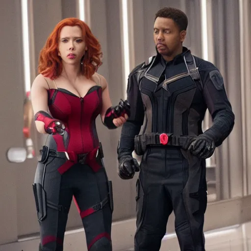 Image similar to Scarlett Johansson pregnant as Black Widow in Marvel The Avengers movie scene