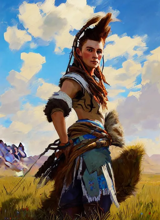 Prompt: portrait of a eastern european Aloy from Horizon Zero Dawn in the style of Apex Legends practicing, countryside, calm, fantasy character portrait, dynamic pose, above view, sunny day, clouds in the sky, artwork by Jeremy Lipkin and Giuseppe Dangelico Pino and Michael Garmash and Rob Rey and Greg Manchess, very coherent asymmetrical artwork, sharp edges, perfect face, simple form, 100mm