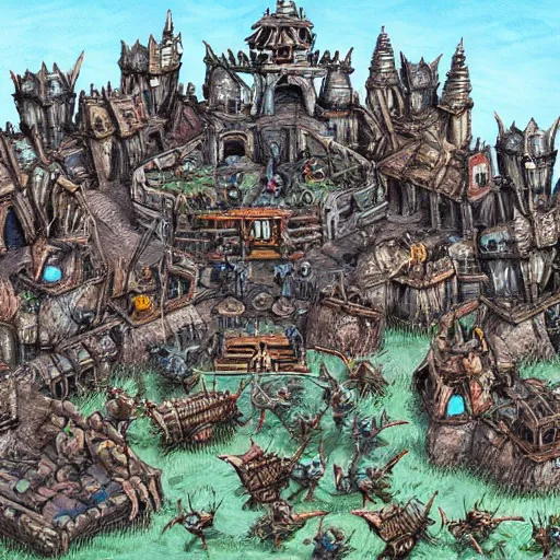 Prompt: a human fortress overrun by a horde of attacking goblins,extremely detailed multiple unique different art styles.