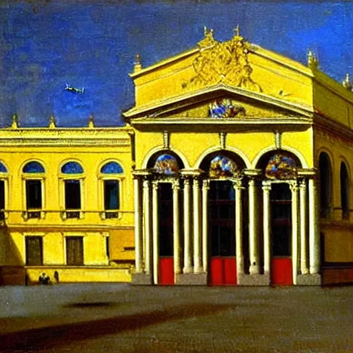 Prompt: vienna state opera house, outside, oil painting by johannes vermeer