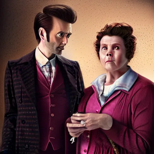 Prompt: david tennant and imelda staunton as dolores umbridge in pink clothes with the tenth doctor who, highly detailed, artstation, concept art, smooth, sharp focus, illustration, perfect face, art by willem claesz. heda, nikolay makovsky, jacek malczewski, arthur hughes, edward okun