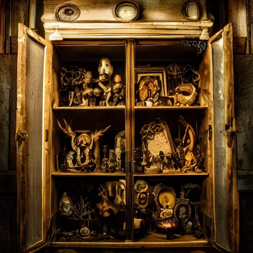 Prompt: cabinet of oddities and curiosities, esoteric, hd award cinematic photography, dramatic lighting