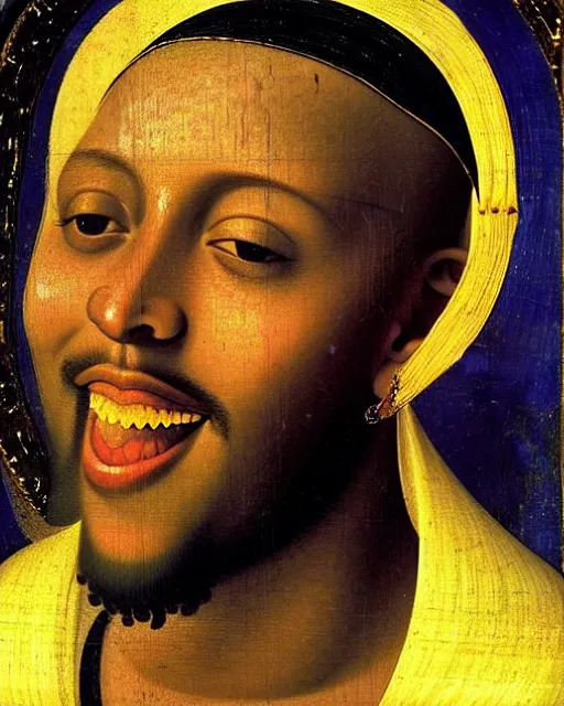 Image similar to rapper juice wrld legend rockstar smiling with a yellow halo above his head by fra angelico renaissance painting