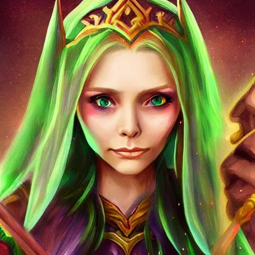 Prompt: beautiful female elf sorcerer, green lighting, elizabeth olsen face, in hearthstone art style, epic fantasy style art, fantasy epic digital art, epic fantasy card game art