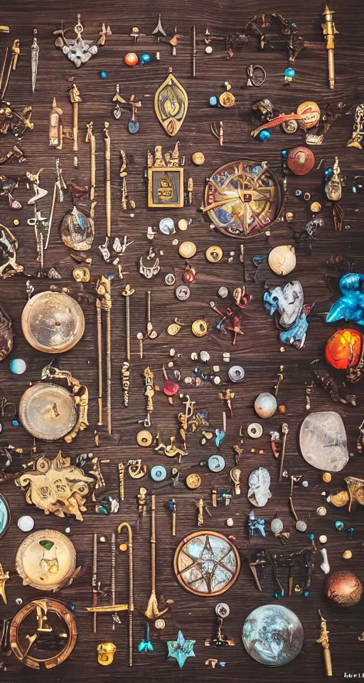 Prompt: a knolling of magical weapons, glowing potions, amulets, wands, spell-books and other magical apparatus, top down view, overhead view, flatlay